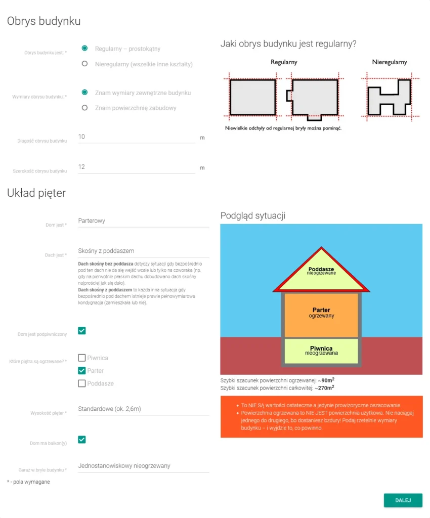 Screen ze strony cieplo.app przedstawiający wybór obrysu budynku oraz układ pięter