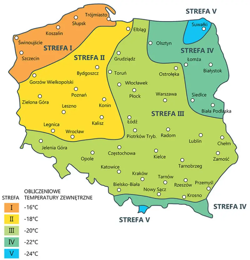 Rysunek przedstawia mapę Polski, podzieloną na pięć stref klimatycznych, w zależności od temperatur powietrza zewnętrznego na zewnątrz budynku podane w stopniach celcjusza.