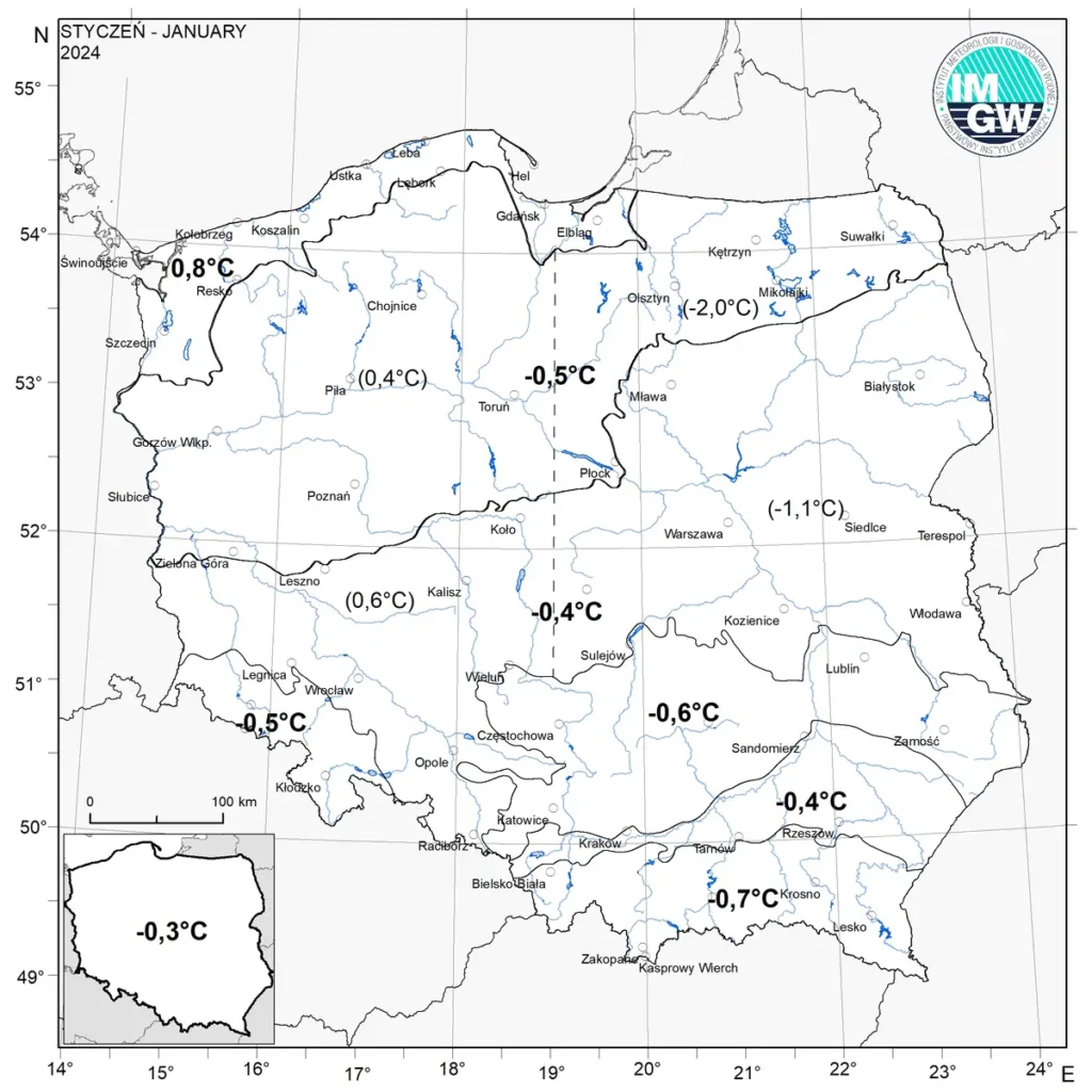 średnia obszarowa temperatura powietrza styczeń