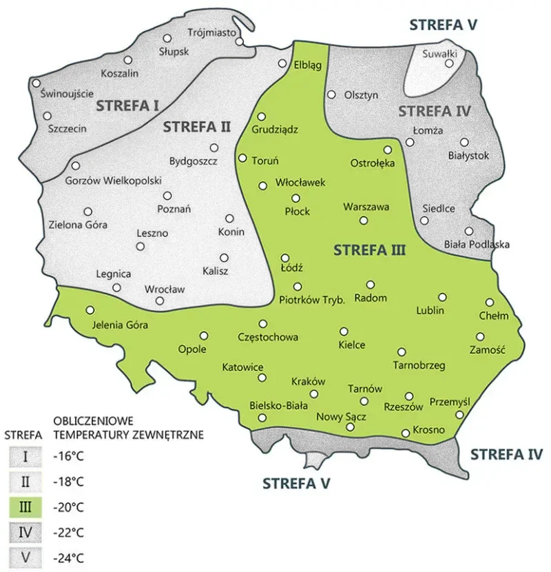 Grafika przedstawia mapę Polski, podzieloną na pięć stref klimatycznych, w zależności od temperatur powietrza zewnętrznego na zewnątrz budynku podane w stopniach celcjusza. Na graficę wyróżniono trzecią strefę klimatyczną.