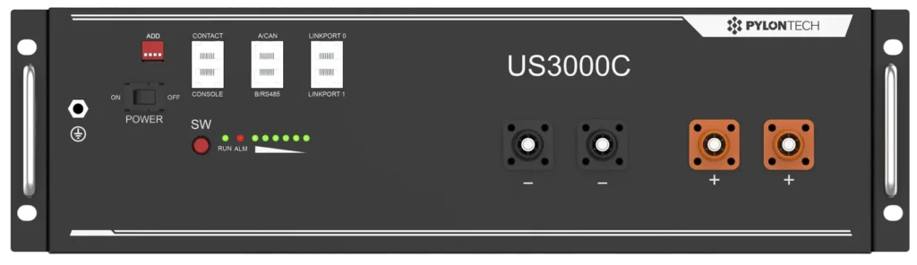 Zdjęcie przedstawia baterię z modelu magazynu Pylontech-US3000C-48V-3552Wh