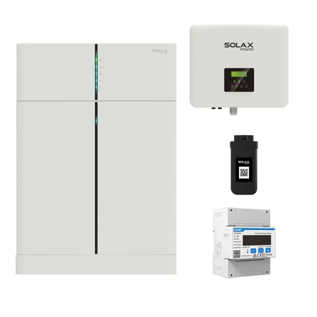 Zdjęcie przedstawia pełen Zestaw Solax 3.7kw 1 Faza Hybryda + Magazyn Energii 3.1 kWh
